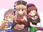  3girls american_flag_dress american_flag_legwear bangs black_dress black_headwear black_shirt blonde_hair blush chain chinese_clothes closed_eyes closed_mouth clothes_writing clownpiece dress fairy fairy_wings hair_between_eyes hat hecatia_lapislazuli jester_cap junko_(touhou) long_hair long_sleeves moon_(ornament) multicolored_clothes multicolored_skirt multiple_girls off-shoulder_shirt off_shoulder open_mouth pantyhose phoenix_crown pink_headwear polka_dot polka_dot_headwear polos_crown red_eyes red_hair rokugou_daisuke shirt short_hair short_sleeves skirt star_(symbol) star_print striped striped_dress striped_pantyhose t-shirt tabard touhou wide_sleeves wings 