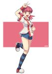  1girl :d absurdres arm_up bangs blue_shorts buttons character_name commentary_request hair_ornament hairclip hand_on_hip highres jacket kneehighs leg_up long_hair open_mouth pink_background pink_eyes pink_hair pokemon pokemon_(game) pokemon_hgss red_wristband shoes short_sleeves shorts smile socks solo standing standing_on_one_leg striped striped_socks tongue twintails v wanichi white_footwear white_jacket whitney_(pokemon) 