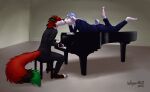  2016 anthro barefoot black_ears black_nose black_tie_(suit) canid canine clothed clothing dated duo eyes_closed feet fox french_kissing fur grand_piano green_inner_ear green_tail_tip inside ivan_bunny keyboard_instrument kissing lagomorph leporid lilac_hair lying male male/male mammal musical_instrument on_front on_piano pawpads piano pink_pawpads playing_music playing_piano rabbit raised_foot red_body red_fur signature sitting_on_stool suit victor_johansen wagnermutt white_body white_fur 