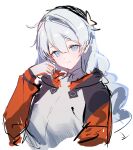  1girl @shuntarou ahoge bangs blue_eyes braid closed_mouth highres honkai_(series) honkai_impact_3rd jacket kiana_kaslana kiana_kaslana_(white_comet) long_hair long_sleeves looking_at_viewer simple_background sketch smile twin_braids upper_body very_long_hair white_background white_hair white_jacket 