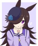  1girl animal_ears bangs black_hair blue_flower blue_headwear blue_rose blue_shirt bow commentary flower flying_sweatdrops hair_over_one_eye hat hat_flower highres horse_ears horse_girl ichinose_jun long_bangs long_hair long_sleeves looking_at_viewer open_mouth purple_background purple_eyes purple_sailor_collar rice_shower_(umamusume) rose sailor_collar school_uniform shirt solo swept_bangs tilted_headwear tracen_school_uniform umamusume upper_body white_bow 