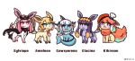  5girls :d artist_name black_cape blonde_hair blue_eyes bridal_veil cape chef_hat chroneco crossover fins fish_tail flareon gawr_gura glaceon hair_ornament hat highres hololive hololive_english holomyth leafeon looking_at_viewer looking_past_viewer mini_hat monocle_hair_ornament mori_calliope multicolored_hair multiple_girls necktie ninomae_ina&#039;nis open_mouth orange_hair pink_eyes pink_hair pokemon pokemon_(creature) pokemon_(game) purple_eyes purple_hair red_necktie shark_hair_ornament simple_background sitting smile sylveon tail takanashi_kiara tiara twitter_username two-tone_hair vaporeon veil watson_amelia white_background white_hair 