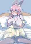  absurd_res anthro areola bed blush braided_hair breasts breath chest_tuft clothed clothing colored_sketch exposed_breasts female front_view fur furniture green_eyes grey_body grey_fur hair hair_between_eyes hi_res inner_ear_fluff inside kemono knock-kneed lagomorph leporid long_hair looking_at_viewer mammal nightgown nipples partially_clothed pink_hair rabbit shikibetsuko sitting sketch solo tuft 