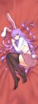  1girl absurdres animal_ears bed_sheet black_thighhighs blush breasts collarbone dakimakura_(medium) diving_penguin full_body highres large_breasts long_hair long_sleeves lying navel nipples on_side open_mouth pink_skirt pleated_skirt purple_hair rabbit_ears rabbit_tail red_eyes reisen_udongein_inaba shirt skirt solo tail thighhighs touhou white_shirt 