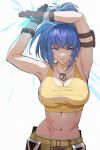  1girl armlet armpits arms_up bangs bare_shoulders belt black_gloves blue_eyes blue_sky breasts cleavage closed_mouth commentary_request crop_top dog_tags gloves highres large_breasts leona_heidern midriff navel pocket shan_laotou simple_background sky sleeveless solo stomach tank_top the_king_of_fighters the_king_of_fighters_xv upper_body white_background yellow_belt yellow_tank_top 