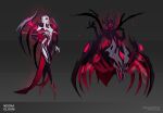  1girl alternate_costume arthropod_girl artist_name bare_shoulders black_dress breasts bug cleavage closed_mouth coven_(league_of_legends) dress elise_(league_of_legends) extra_eyes full_body glowing glowing_eyes grey_background hand_on_hip highres large_breasts league_of_legends long_hair multiple_legs multiple_views nail_polish neona_gloom red_lips red_nails spider spider_girl standing white_hair 