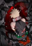  1boy absurdres aged_down baggy_pants bakugou_katsuki bangs bare_shoulders belt between_legs black_footwear black_pants black_tank_top bleeding blonde_hair blood blood_in_hair blood_on_back blood_on_clothes blood_on_ground blood_stain boku_no_hero_academia boots broken closed_mouth collared_shirt colored_shoe_soles cuts detached_sleeves different_reflection explosive eyes_visible_through_hair from_above from_behind full_body gakuran glowing glowing_eyes grenade hand_between_legs hand_in_pocket head_down high_collar highres injury knee_boots knee_pads konishi_(zatuizatui598) leaning_forward light light_frown long_sleeves looking_at_another male_focus pants profile puddle_of_blood red_eyes reflection rubble school_uniform seiza shadow shirt shoe_soles short_hair sideways_mouth sitting skin_tight sleeveless solo spiked_hair tank_top tire toned toned_male torn_sleeve torn_tank_top wheel white_shirt wreckage 