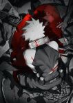  1boy absurdres aged_down baggy_pants bakugou_katsuki bangs bare_shoulders belt between_legs black_pants bleeding blonde_hair blood blood_in_hair blood_on_back blood_on_clothes blood_on_ground blood_stain boku_no_hero_academia broken closed_mouth collared_shirt cuts detached_sleeves different_reflection explosive eyes_visible_through_hair from_above from_behind full_body gakuran glowing glowing_eyes grenade hand_between_legs hand_in_pocket head_down high_collar highres injury knee_pads konishi_(zatuizatui598) leaning_forward light light_frown long_sleeves looking_at_another male_focus pants partially_colored profile puddle_of_blood red_eyes reflection rubble school_uniform seiza shadow shirt shoe_soles short_hair sideways_mouth sitting skin_tight sleeveless solo spiked_hair tire toned toned_male torn_sleeve torn_tank_top wheel white_shirt wreckage 
