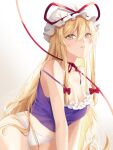  1girl bangs bare_shoulders blonde_hair bow breasts cleavage hair_between_eyes hat hat_ribbon highres kirisita large_breasts long_hair looking_at_viewer mob_cap panties parted_lips red_ribbon ribbon solo teeth touhou underwear very_long_hair white_headwear white_panties yakumo_yukari yellow_eyes 