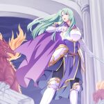  1girl :o armor armored_boots black_pants boots breastplate cape cecilia_(fire_emblem) dragon dress elbow_gloves fire fire_emblem fire_emblem:_the_binding_blade gloves green_hair ham_pon highres holding holding_staff long_hair pants purple_cape purple_dress solo staff v-shaped_eyebrows white_footwear white_gloves 