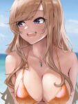  1girl bikini blonde_hair blue_eyes blurry blurry_background breasts cleavage highres horizon idolmaster idolmaster_cinderella_girls lamp_p9 large_breasts long_hair looking_afar ohtsuki_yui orange_bikini outdoors sidelocks solo sweatdrop swimsuit upper_body very_long_hair wavy_hair 