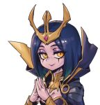  1girl bangs blue_hair breasts cleavage closed_mouth gem green_hair grey_background hands_up large_breasts league_of_legends leblanc_(league_of_legends) medium_hair meme multicolored_hair orange_eyes own_hands_together phantom_ix_row shiny_skin simple_background smile solo trade_offer_(meme) two-tone_hair white_background 