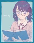  1girl black_hair book commentary_request fukumaru_koito glasses hair_ribbon highres holding holding_book idolmaster idolmaster_shiny_colors necktie paayan_(hagakinorock54) purple_eyes reading ribbon solo twintails upper_body 
