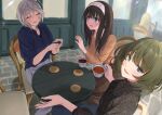  4girls anastasia_(idolmaster) bitter black_tea blush bob_cut breasts brown_hair closed_eyes coffee cup extra floral_print green_hair grey_hair holding holding_cup idolmaster idolmaster_cinderella_girls kaiso_(kaisooekaki) looking_at_another looking_at_viewer medium_breasts multiple_girls outdoors sagisawa_fumika see-through see-through_shirt short_hair sitting smile straight_hair takagaki_kaede tea teacup tongue tongue_out 