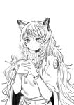  absurdres animal_ear_fluff animal_ears arknights bead_necklace beads blanchat braid cup grey_eyes grey_thighhighs greyscale highres holding holding_cup jewelry leopard_ears leopard_girl leopard_tail monochrome necklace pramanix_(arknights) side_braids tagme tail thighhighs 