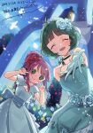  2019 2girls bridal_veil church_bell closed_eyes dated dress ensemble_girls! flower gloves green_eyes green_hair hair_flower hair_ornament hisayoshi_(hisa) looking_at_viewer multiple_girls night night_sky pink_hair red_flower rose sky smile sunaga_midori translation_request veil white_dress white_flower white_gloves white_rose yakumo_chizuru 