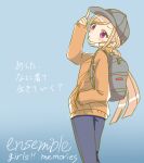  1girl backpack bag blue_bag blue_pants blush brown_hoodie closed_mouth copyright_name ehon_chioka ensemble_girls! hand_in_pocket hat hood hood_down hoodie light_blue_background looking_at_viewer pants pink_hair purple_eyes sakaki_mutsumi sketch solo translation_request twintails 