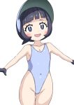  1girl black_eyes black_hair bonnet covered_navel cowboy_shot flat_chest hai_(h81908190) highleg highleg_leotard highleg_swimsuit leotard looking_at_viewer one-piece_swimsuit outstretched_arms pokemon pokemon_(game) pokemon_sv poppy_(pokemon) short_hair silver_leotard silver_one-piece_swimsuit simple_background solo swimsuit thigh_gap white_background 