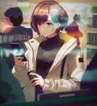  1girl black_shirt brown_hair can extra from_outside highres higuchi_madoka holding holding_can holding_phone idolmaster idolmaster_shiny_colors jacket jewelry looking_at_phone mole mole_under_eye necklace phone red_eyes shirt solo_focus sugar_rush white_jacket 