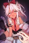  1boy 1girl animal_ear_fluff animal_ears animal_hands bangs bare_shoulders bell belt black_pants black_skirt black_thighhighs blush bow breasts cat_ears cat_tail chaldea_uniform chawan_(yultutari) chloe_von_einzbern chloe_von_einzbern_(beast_style) collar command_spell dark-skinned_female dark_skin fake_animal_ears fate/grand_order fate/kaleid_liner_prisma_illya fate_(series) fujimaru_ritsuka_(male) fur-trimmed_skirt fur_trim gloves hair_between_eyes hair_bow highres jingle_bell long_hair looking_at_viewer navel o-ring open_mouth orange_eyes pants paw_gloves pink_hair ponytail red_bow shirt sidelocks sitting sitting_on_person skirt small_breasts smile stomach_tattoo tail tattoo thighhighs thighs white_shirt 