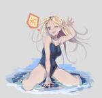  1girl blonde_hair blue_eyes blue_one-piece_swimsuit commentary_request competition_school_swimsuit grey_background kneeling kofune_ushio long_hair n-oel one-piece_swimsuit school_swimsuit simple_background solo summertime_render swimsuit very_long_hair water 