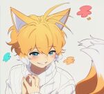  1boy animal_ears banri_0917 blonde_hair blue_eyes blush fox_boy fox_ears fox_tail grey_background hair_between_eyes humanization male_focus multiple_tails short_hair simple_background smile solo sonic_(series) steepled_fingers sweater tail tails_(sonic) two_tails upper_body white_sweater 