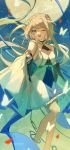  1girl absurdres artist_name bangs bare_shoulders blonde_hair blue_background blue_dress blue_eyes blush breasts bug butterfly butterfly_wings collarbone detached_sleeves dress flying frills genshin_impact gradient_background green_background guizhong_(genshin_impact) hair_ornament highres long_sleeves looking_at_viewer medium_breasts moon multicolored_background one_eye_closed open_mouth short_hair short_hair_with_long_locks sidelocks smile solo standing suzushi tassel tassel_hair_ornament tongue two-tone_dress white_dress wide_sleeves wings 