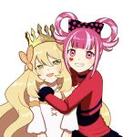  2girls :d arms_around_neck bangs blonde_hair bow butterfly_hair_ornament celine_(fire_emblem) crown dress facial_mark fire_emblem fire_emblem_engage green_eyes hair_between_eyes hair_bow hair_ornament hair_rings heart heart_facial_mark hortensia_(fire_emblem) hug long_hair looking_at_viewer multicolored_hair multiple_girls nasakenasasugiw official_alternate_costume pink_eyes pink_hair polka_dot polka_dot_bow short_hair smile teeth two-tone_hair upper_body very_long_hair white_background white_dress 