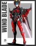  1girl absurdres autobot blue_eyes border character_name energy_gun frown grey_border hand_on_hip highres holding holding_sword holding_weapon looking_at_viewer mecha moyan procreate_(medium) robot shadow solo sword transformers twitter_username weapon windblade 