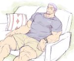  1boy bara casual couch dark-skinned_male dark_skin facial_hair feet_out_of_frame forked_eyebrows goatee highres large_pectorals live_a_hero long_sideburns male_focus mature_male muscular muscular_male on_couch pectorals purple_hair scar scar_on_arm scar_on_leg shaft_(live_a_hero) short_hair sideburns sketch sleeping solo thick_eyebrows thick_thighs thighs watch wristwatch yakisoba_ohmori zzz 