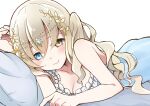  1girl bangs bare_arms bare_shoulders blue_eyes blush breasts cleavage commentary_request commission copyright_request eyes_visible_through_hair hair_between_eyes heterochromia indie_virtual_youtuber jewelry kogamino_ono looking_at_viewer lying medium_breasts on_side pillow simple_background skeb_commission smile solo virtual_youtuber wavy_hair white_background yellow_eyes yutamaro 