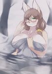  4_fingers absurd_res adjusting_glasses anthro areola areola_slip bathing big_breasts biped blush breasts brown_hair canid canine countershade_fur countershading covering covering_self eyewear female fingers fox fur glasses green_eyes hair hi_res hot_spring kemono long_hair looking_at_viewer mammal neck_tuft orange_body orange_fur outside partially_submerged scrunchie sitting solo steam tan_body tan_fur towel tuft ukenya water wet 