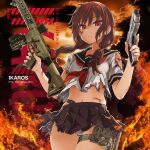  1girl album_cover asanagi assault_rifle black_sailor_collar black_skirt brown_hair closed_mouth cover cowboy_shot cuts dated drum_magazine english_text fire gun handgun highres holding holding_gun holding_weapon injury looking_at_viewer low_twintails m1911 m4_carbine magazine_(weapon) midriff miniskirt neckerchief orange_background original panties red_eyes red_neckerchief rifle sailor_collar school_uniform scope second-party_source serafuku side-tie_panties skirt solo torn_clothes torn_skirt trigger_discipline twintails underwear weapon white_panties white_serafuku 