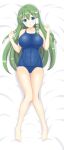  :o alternate_costume bare_legs blanket blue_eyes blue_one-piece_swimsuit breasts collarbone covered_navel frog_hair_ornament full_body green_hair hair_between_eyes hair_ornament hair_tubes highres impossible_clothes kochiya_sanae large_breasts long_hair lying miso_inpakuto old_school_swimsuit on_back one-piece_swimsuit school_swimsuit single_hair_tube snake_hair_ornament swimsuit touhou 