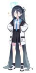  1girl absurdly_long_hair absurdres aris_(blue_archive) bangs black_hair black_skirt black_socks blue_archive blue_necktie blush closed_eyes collared_shirt commentary doyagao fang full_body h9_99999 halo hands_on_hips highres jacket long_bangs long_hair necktie open_clothes open_jacket open_mouth pleated_skirt shirt shirt_tucked_in side_ponytail simple_background skin_fang skirt smile smug socks solo standing very_long_hair white_background white_footwear white_jacket white_shirt 