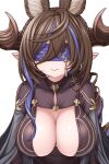  1girl animal_ears asamura_hiori bangs black_dress blindfold breasts brown_hair cleavage cleavage_cutout clothing_cutout dress extra_ears galleon_(granblue_fantasy) granblue_fantasy highres horns large_breasts long_hair long_sleeves multicolored_hair pointy_ears smile solo streaked_hair swept_bangs 