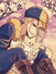  1boy absurdres blonde_hair brown_footwear day flower fur_trim hair_over_one_eye hat highres male_focus nekominaminoriya outdoors pokemon pokemon_(creature) pokemon_(game) pokemon_legends:_arceus short_hair sitting smile togepi volo_(pokemon) 