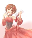  1girl :d akujiki_musume_conchita_(vocaloid) aquamarinu banica_conchita bare_shoulders black_choker blood breasts brooch brown_eyes brown_hair choker corset dark_skin detached_sleeves dress evillious_nendaiki flower glass_of_conchita hair_flower hair_ornament hand_to_own_mouth highres jewelry large_breasts laughing meiko_(vocaloid) ojou-sama_pose red_dress red_flower red_nails red_rose rose short_hair smile solo vessel_of_sin vocaloid wide_sleeves 