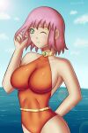 1girl blush breasts choker final_fantasy final_fantasy_v green_eyes highres kaeveris large_breasts lenna_charlotte_tycoon looking_at_viewer one_eye_closed purple_hair reflection sky solo swimsuit water 
