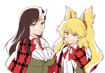  2girls black_hair blonde_hair blue_eyes breasts burn_the_witch capelet floating_hair green_eyes half-closed_eyes horns kitsune23star large_breasts long_hair looking_at_viewer multiple_girls niihashi_noel ninny_spangcole plaid_capelet red_capelet single_horn smile twintails 