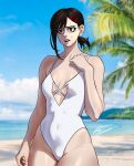  1girl absurdres bare_arms beach black_hair blurry blurry_background brown_eyes chainsaw_man cowboy_shot hair_ornament hairclip higashiyama_kobeni highres low_ponytail medium_hair mole mole_under_eye mole_under_mouth ocean one-piece_swimsuit open_mouth photo_background short_ponytail signature solo standing sweat swimsuit white_one-piece_swimsuit zanyert 