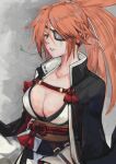  1girl amputee baiken big_hair black_jacket black_kimono breasts eyepatch facial_tattoo guilty_gear guilty_gear_strive highres jacket jacket_on_shoulders japanese_clothes kimono large_breasts levvellevvel long_sleeves looking_at_viewer mouth_hold multicolored_clothes multicolored_kimono one-eyed pink_hair ponytail red_eyes samurai sash scar stalk_in_mouth tattoo white_kimono 