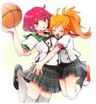  19nichi_(litedatobalita) 2girls basketball breasts closed_eyes ensemble_girls! high_ponytail hug kimisaki_school_uniform komatsu_botan large_breasts long_hair looking_at_viewer momochi_asuka multiple_girls open_mouth orange_hair purple_eyes red_hair school_uniform short_hair white_background yuri 