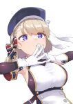  1girl absurdres azur_lane bare_shoulders beret blonde_hair blue_eyes blue_headwear blush bow breasts buttons commentary_request cross detached_sleeves double-breasted dress from_below gloves hair_bow hair_over_one_eye hair_ribbon hands_up hat heart heart-shaped_pupils highres iron_cross looking_at_viewer medium_breasts medium_hair open_mouth ribbon simple_background solo staring symbol-shaped_pupils take_yaki upper_body white_background white_gloves white_ribbon z23_(azur_lane) 