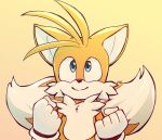  1boy animal_ears blue_eyes clenched_hands fox_boy fox_ears fox_tail furry furry_male gloves hera_souflee highres male_focus multiple_tails smile solo sonic_(series) tail tails_(sonic) two_tails white_gloves 