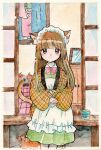  1girl animal_ears apple apron bow bowtie brown_hair cat cat_ears cat_girl cat_tail collar commentary_request dress food fruit green_dress green_eyes highres hime_cut long_hair maid_headdress muzukite original painting_(medium) pink_bow pink_bowtie sitting solo tail traditional_media watercolor_(medium) 