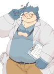  &lt;3 2023 anthro belly big_belly blue_body blush bottomwear clothing dragon_night800 eyes_closed eyewear generation_1_pokemon glasses hi_res humanoid_hands kemono male nintendo overweight overweight_male pants pokemon pokemon_(species) pokemon_professor professor_neroli shirt simple_background snorlax solo tongue tongue_out topwear white_background 