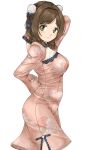  1girl alternate_costume blush breasts brown_hair china_dress chinese_clothes dress gatsby_ssl highres idolmaster idolmaster_cinderella_girls light_smile looking_at_viewer looking_to_the_side maekawa_miku medium_breasts pink_dress pom_pom_(clothes) side_slit simple_background solo white_background 