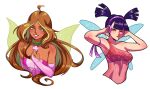  2girls aqua_wings blue_hair bridal_gauntlets choker covered_navel dark-skinned_female dark_blue_hair dark_skin fairy fairy_wings flora_(winx_club) gloves green_choker green_eyes hairband kitsune23star light_brown_hair long_hair looking_at_viewer multiple_girls musa_(winx_club) one_eye_closed pink_gloves pink_lips purple_hairband red_lips smile sparkle_print twintails wings winx_club 