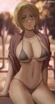  1girl arm_support bangs bikini black_bikini blonde_hair blue_eyes blurry blurry_background blush breasts cameltoe cleavage dina_fritz highres large_breasts looking_at_viewer navel oroborus outdoors parted_bangs parted_lips shingeki_no_kyojin short_hair sitting solo swimsuit table tree 